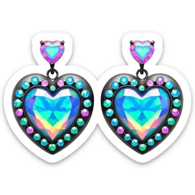 Hyperrealistic, ultra detailed, dark with multidimensional sparkle and multicolor, black opal gemstones heart shaped, 10k earrings. Isolated, 3D rendering. sticker