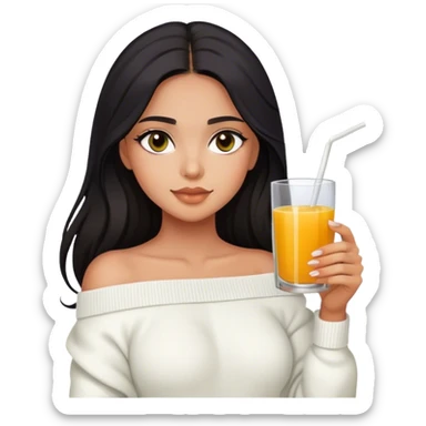 Latina girl with dark long hair and dark eyes and olive skin wearing white off shoulder sweater with juice sticker