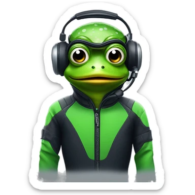 generate a frog with headphone in a scuba suit in an f1 car sticker