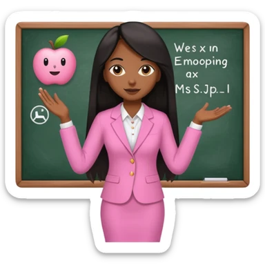 a brown skin teacher with hair with black straight long hair wearing pink not hot pink 2 piece set teaching up on a board the board says Ms. J sticker