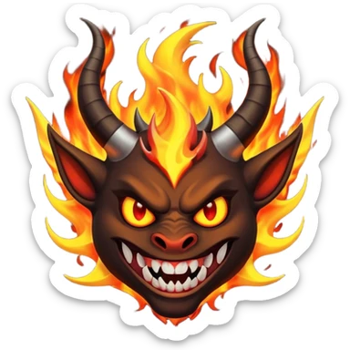 Create a dark-themed emoji of a demonic face with sharp, curved horns, glowing white eyes, an evil grin with large pointed fangs, and abstract flame-like patterns around the face.  sticker