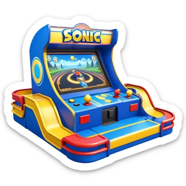 An icon representing an arcade game interface, inspired by Sonic. The design features colorful platforms, loops, and rings, with Sonic racing through a vibrant landscape. The iconic HUD elements, like score and timer, are visible. A transparent background. sticker