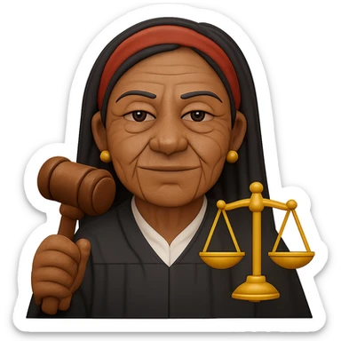 Make the Black woman lawyer look older, with visible signs of age and a wise, confident expression. Keep the long black hair, red headband, and strong, sharp personality. Render in emoji style with transparent background. sticker