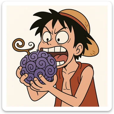 Luffy biting the gum gum fruit, cartoon style, saturated colors, white background sticker