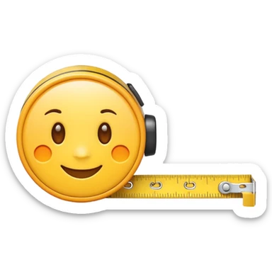 Cute emoji-style measuring tape roll, yellow color with orange highlights, soft edges, small eyes and smile for fun cartoon effect, simple emoji icon style. sticker