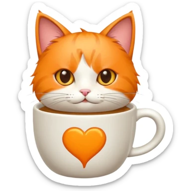 anime character cat that is orange cat, that its body is inside of a coffee cup, but head is howing up. coffee cup is white sticker