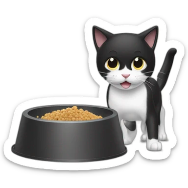 A black and white cat fighting with a pet feeder sticker