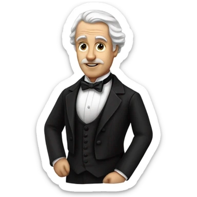 19th century white writer in a black tuxedo with a bow tie sticker