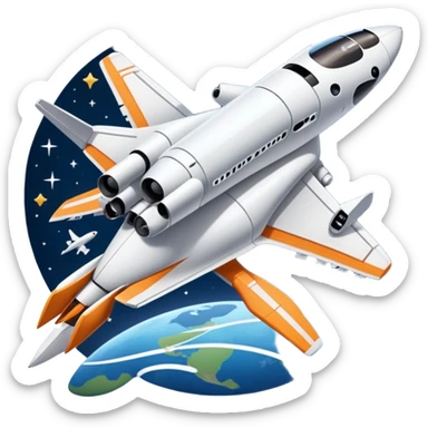 An icon featuring a space shuttle, a drone, and an airplane against a starry sky, symbolizing aerospace technology. The design includes rocket boosters and satellite orbits, representing the exploration of space and advanced aviation. Transparent background sticker