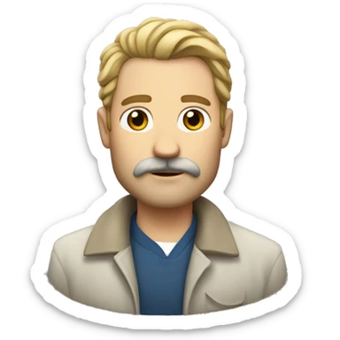 White man, straight hair with a small crest, mustache, and sparse beard sticker
