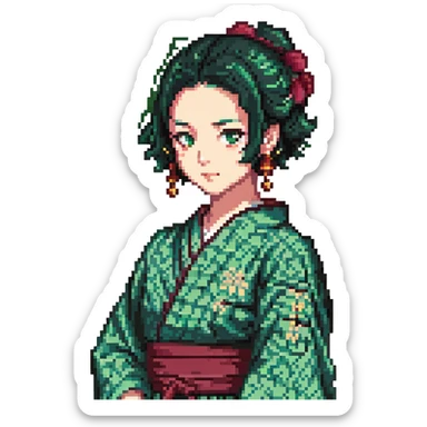 Tanjiro Kamado pixel art style, green checkered haori, hanafuda earrings, short black hair with burgundy tips sticker