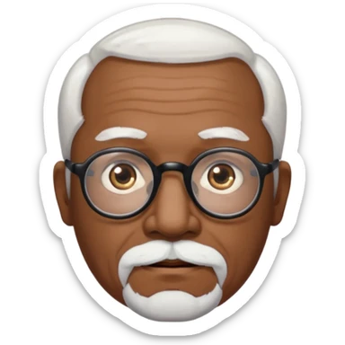 an elderly man with medium-dark skin tone, bald on top with short white hair at the sides, thick white eyebrows, large brown eyes, and wears black-framed glasses.
A small white beard sticker