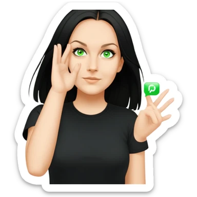 female, wearing black tshirt,  black hair sticker