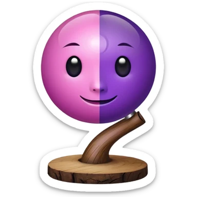 A half pink half purple ball with a face wooden stem followed by a glass stem on top of the wood stem tilted 90 degrees sticker