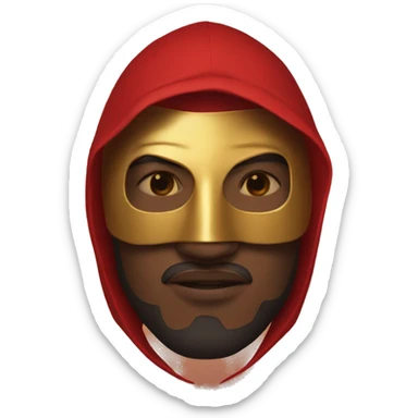 Man with red hooded robe and golden mask sticker