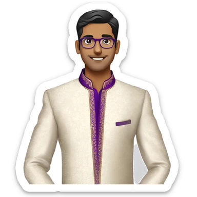 Full length Fair skinned south indian bridegroom wearing purple sherwani with floral design and wearing aviator style spectacles sticker