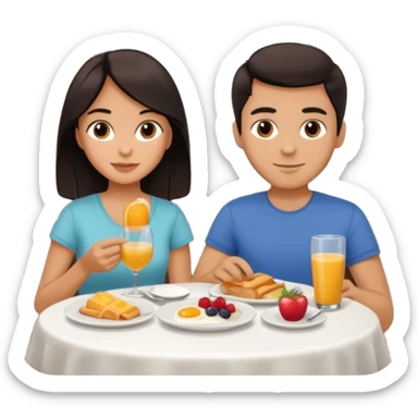 pon una pareja desayunando sedayuno de hotel pareja de pelo moreno sticker