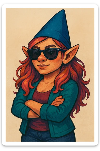 female gnome with sunglasses, modern illustration, confident pose sticker