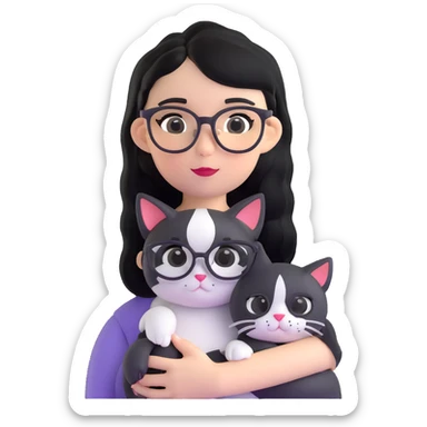 Girl with black hair wearing glasses holding a black and white cat sticker