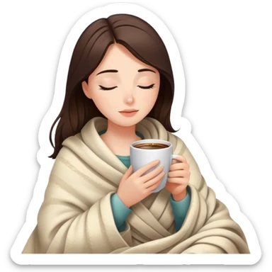 Brunette girl wrapped in cozy blanket sipping hot coffee with eyes closed sticker