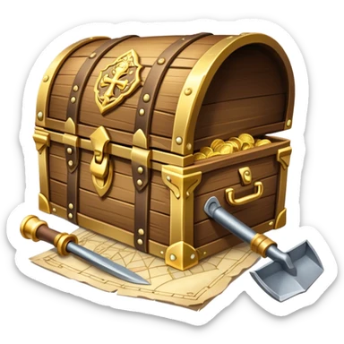 An icon showcasing a treasure chest filled with gold, a treasure map rolled up beside it, a backpack and shovel. The design captures the essence of treasure hunting, exploration, and excitement, set on a transparent background to emphasize the thrill of discovery. sticker