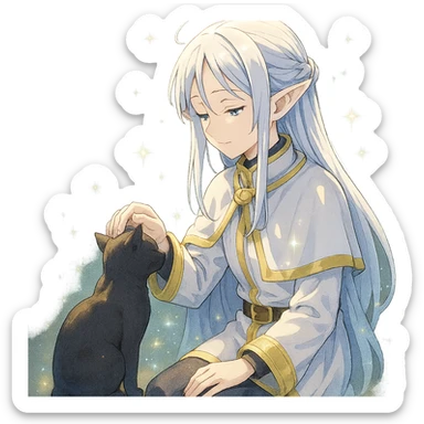 Frieren from Frieren: Beyond Journey's End, petting a black cat, anime style, magical atmosphere sticker