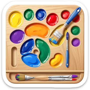 Paint palette with colorful paints and brush sticker