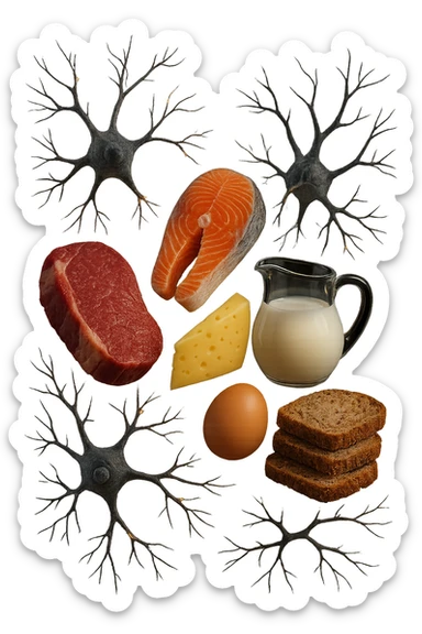 carne, pesce, uova, latticini, cereali integrali fluttuano in aria insieme a neuroni umani anatomici realistici, iperrealistici 4k sticker