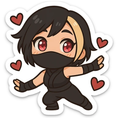 Create a chibi anime style ninja girl dancing to the left. Keep the same face, hair, mask, outfit, and hearts as the reference image. Change the pose so her body and arms are leaning to the left in a cute dance move. Transparent background, sized for Twitch emoji use. This is animation frame 1. sticker
