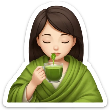 Dark brown hair girl inside a blanket sipping matcha eyes closed sticker