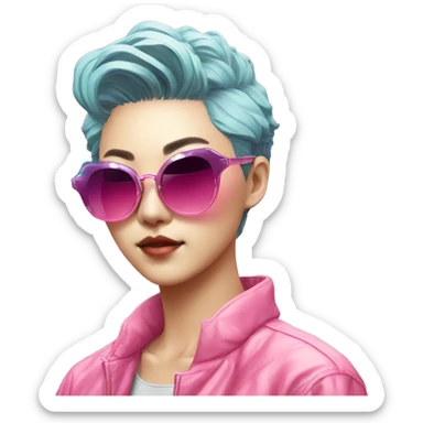 a short-haired Taiwanese lesbian with vaporwave style, sunglasses with vaporwave image on it. sticker