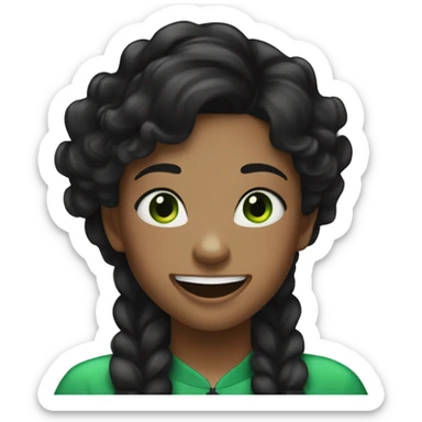 black-haired girl with green eyes, wearing braces, laughing, wearing a black tracksuit, long, slightly wavy hair sticker