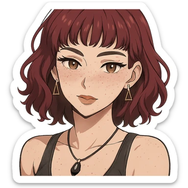 white woman with freckles, teardrop nose piercing, wavy wine-colored hair to shoulders, short bangs, triangular earrings, black stone necklace, tank top, thick eyebrows, large brown eyes, adult anime style, sensual sticker