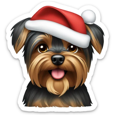 brown and black Yorkshire terrier with a Christmas hat sticker