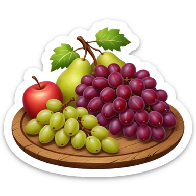 medieval fruit platter object icon, grapes and apples and pears, rustic plate, 3D cartoon, mobile game icon style, clean background, no text, no watermark
 sticker