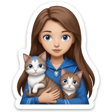 gorgeous Girl with light skin, blue eyes, long brown hair, wears a ravenclaw outfit, with a grey and white cat holding in her arms sticker