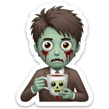 A cute but exhausted office worker character looking like a zombie, holding a giant cup of coffee, dark circles under eyes, messy hair, flat 2D vector art, white background, "Monday Vibes" text. sticker