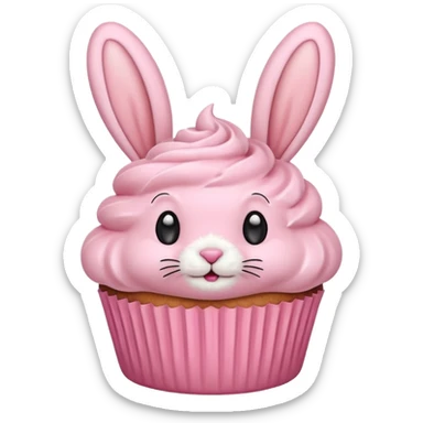 cupcake with pastel pink frosting decorated to look like a bunny face sticker
