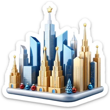 3D emoji of Moscow City business district skyline. A cluster of stylized skyscrapers with different shapes (gold, blue, silver). Decorated with tiny glowing Christmas lights. Soft 3D render, clay and glass textures, Apple aesthetic, isolated on a white background. sticker