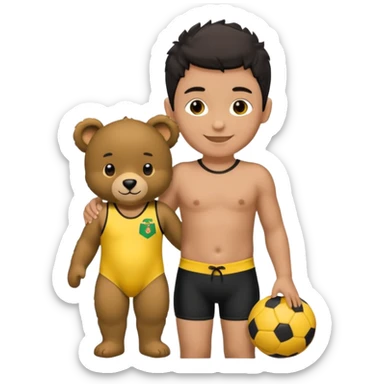 Une garçon qui a les cheveux noir qui sourit il a un maillot de l’algerie et qui a un doudou sur son epaule un ours jaune qui a des habille noir sticker