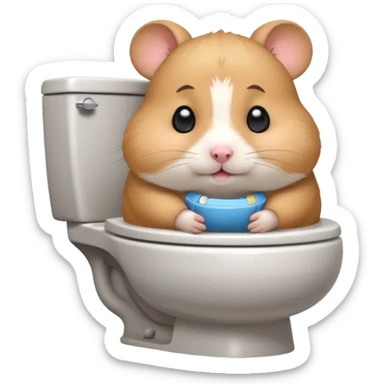Cute chubby cartoon-style hamster sitting on toilet, sticker-style illustration sticker