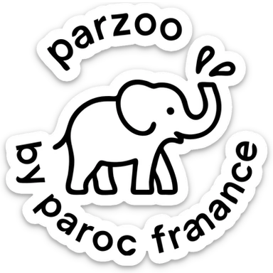 Logo avce un éléphant qui projette de l'eau avec au tour ( en rond ) écris : parzoo by paroc france  sticker