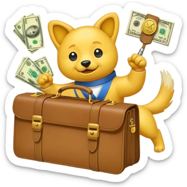 Yellow emoji with karate dogs, a briefcase, money, a phone and a paintbrush flying in its aura sticker