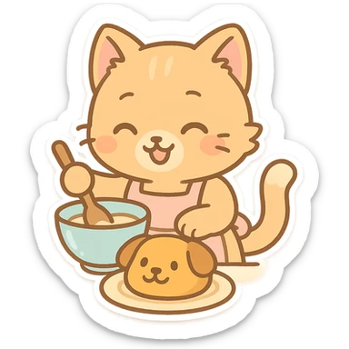 chibi-style cat happily baking a dog cake, pastel colors sticker