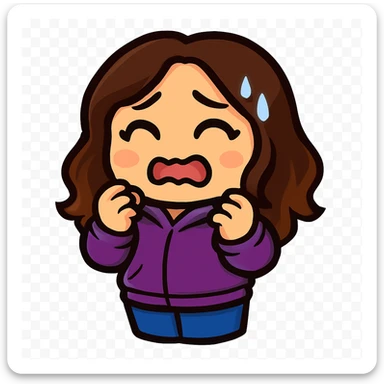 Sticker style chibi emote, matching the attached green heart emote as a base, but with a slightly skinnier body and a bigger chest. Woman from reference, purple hoodie and blue jeans, scared/EEK!, cute scared face, no headband, no wand, no green heart, transparent background. Top color should not match jeans. sticker