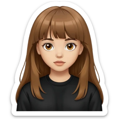 Light skinned girl with brown eyes, long brown hair with bangs, wearing a black sweatshirt sticker