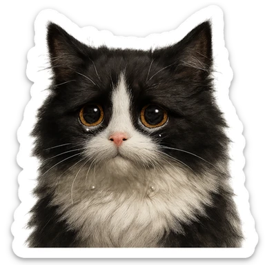 a fluffy black and white cat with tears in its eyes, different style sticker