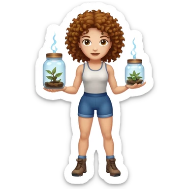 full body woman short curly brown mullet brown eyes white skin muscular build bug catcher spirit with glowing jar sticker