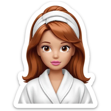 A Barbie face with shoulder-length reddish-brown hair, makeup, a smeared face mask, and a bathrobe. sticker