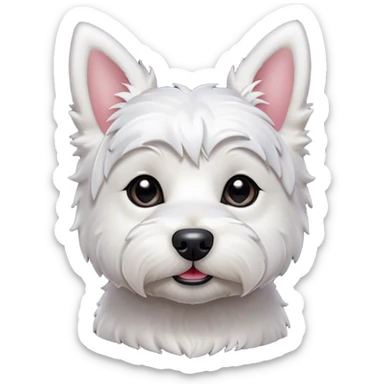 Cinematic Cute West Highland White Terrier Portrait Emoji, Head tilted playfully and inquisitively, featuring a fluffy, immaculate white coat with perky ears, round, sparkling dark eyes filled with curiosity, Simplified yet irresistibly adorable features, highly detailed, glowing with a warm, friendly glow, high shine, affectionate and lively, stylized with a touch of whimsy, bright and endearing, soft glowing outline, capturing the essence of a mischievous yet loving pup, so playful it feels like it could bound out of the screen and into your arms! sticker